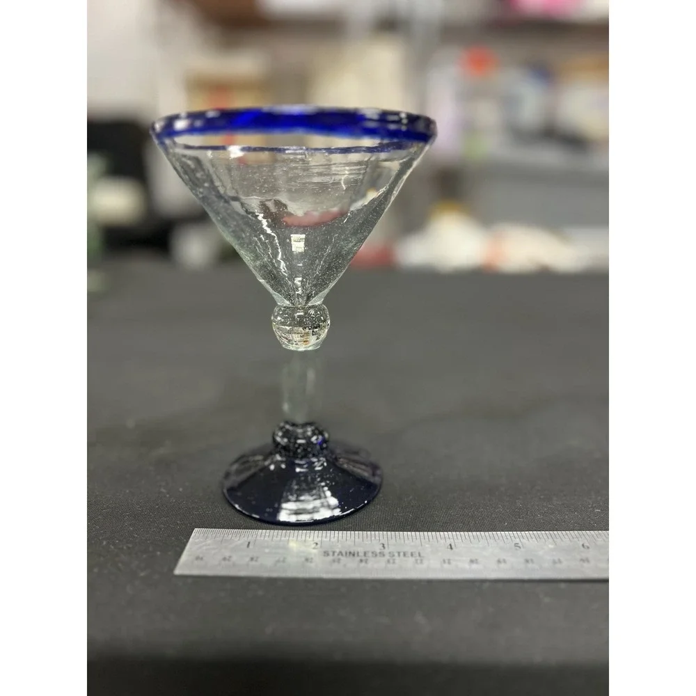 Vintage MCM Handblown Mexican Large Margarita‎ Martini Glasses Cobalt Rim Base